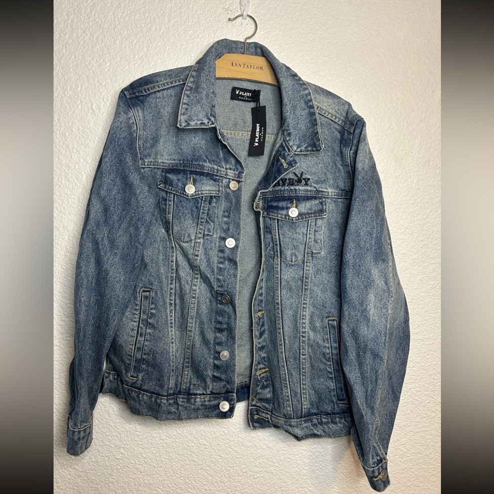 NWT Playboy By Pacsun Y2K Denim Jean Medium Wash Black Logo Jacket Mens Large